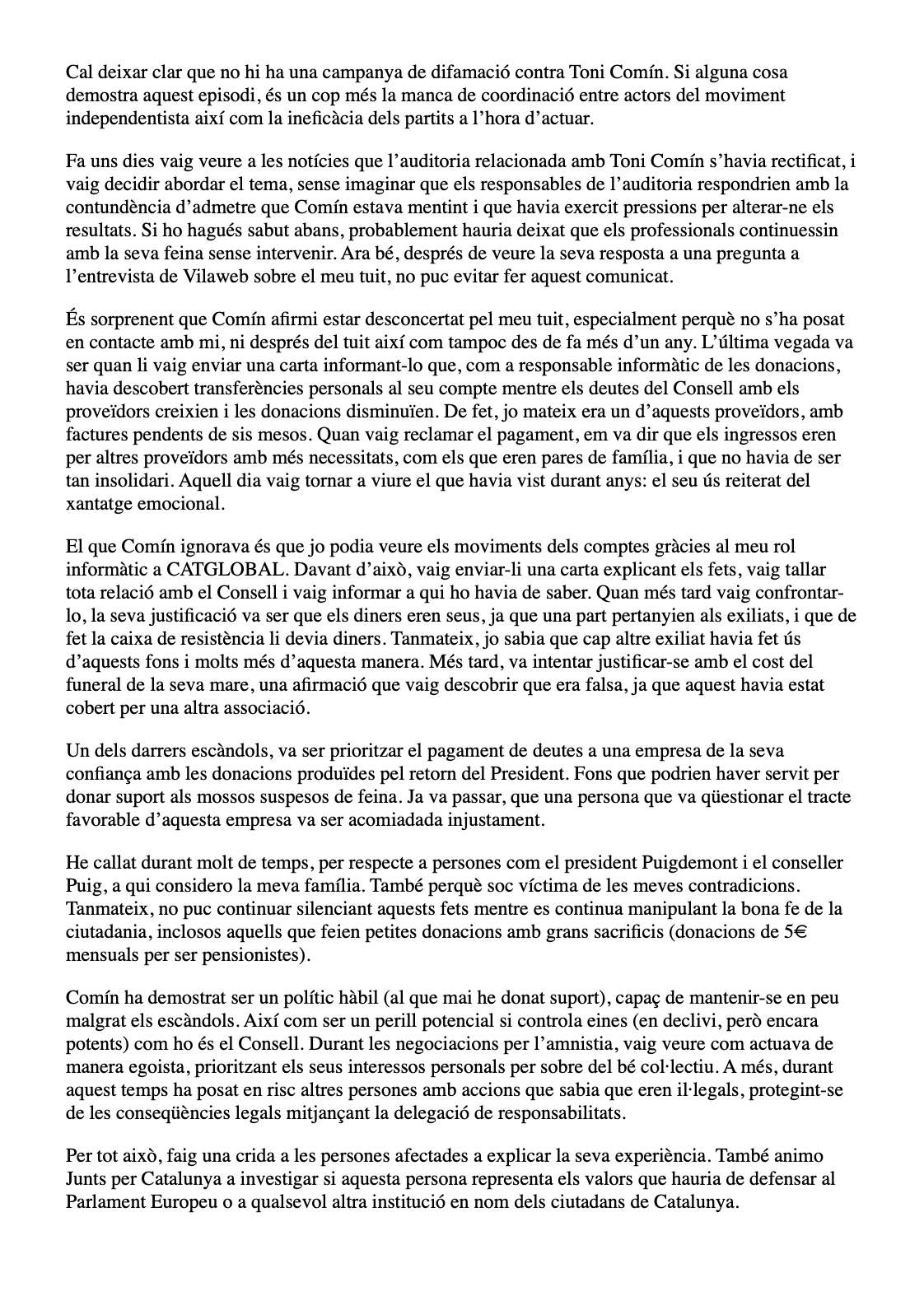 carta de Valtònyc contra Comín carta de Valtònyc contra Comín