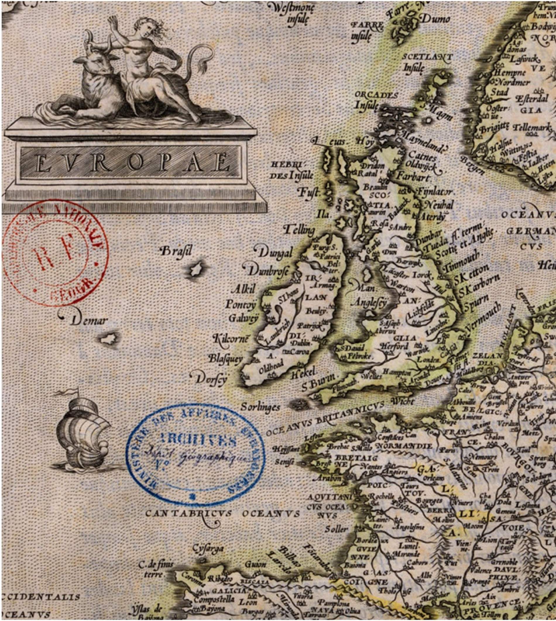 Fragmento de un mapa de Europa (1570). Cuadrando marítimo del Atlántico norte. Fuente Bibliothèque Nationale de France Fragmento de un mapa de Europa (1570). Cuadrando marítimo del Atlántico norte. Fuente Bibliothèque Nationale de France