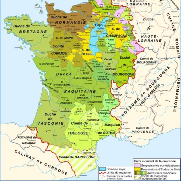 Mapa de los dominios jurisdiccionales del reino de Francia a caballo entre el año 1000. Fuente Atlas de la Histoire de France (1) Mapa de los dominios jurisdiccionales del reino de Francia a caballo entre el año 1000. Fuente Atlas de la Histoire de France (1)