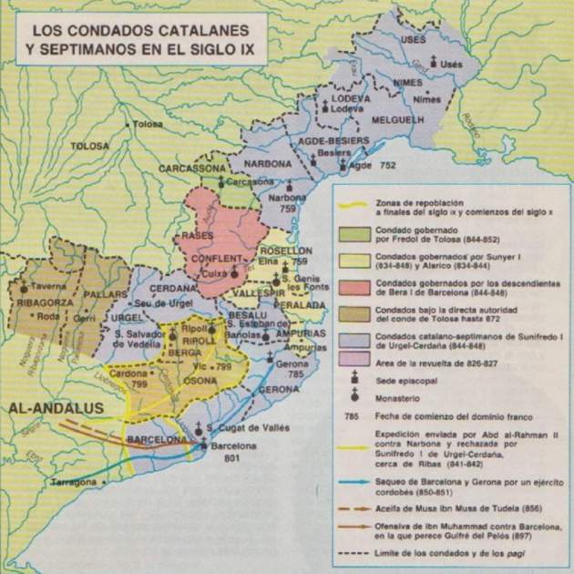 Mapa de la Marca de Gotia. Los condados que se independizaron fueron los de la mitad sur. Font Universita de Barcelona (1) Mapa de la Marca de Gotia. Los condados que se independizaron fueron los de la mitad sur. Font Universita de Barcelona (1)