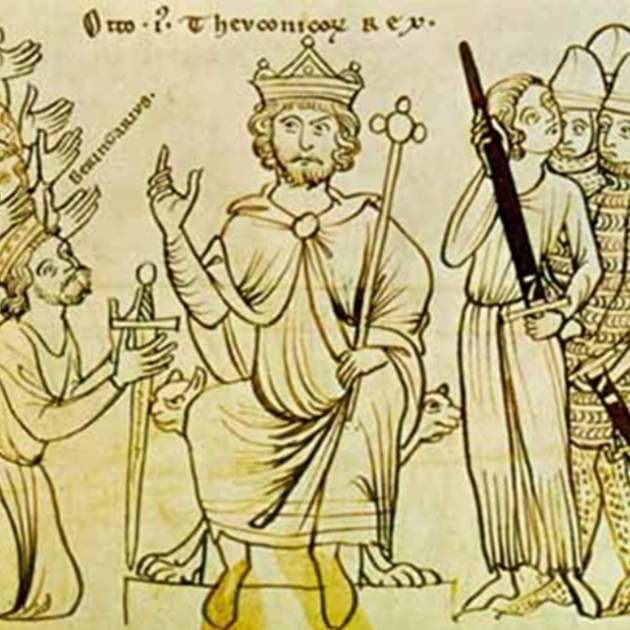 Representación medieval de la coronación de Otó I. Font Chronica sive Historia de duabus civitatibus Representación medieval de la coronación de Otó I. Font Chronica sive Historia de duabus civitatibus