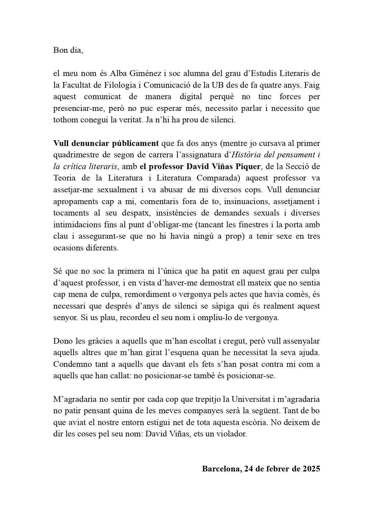 Denuncia publica contra professor Universitat Barcelona, David Viñas / Xarxes socials Denuncia publica contra professor Universitat Barcelona, David Viñas / Xarxes socials