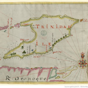 Colom arriba a l'illa de Trinitat i l'anomena la València del nou món. Mapa anglès de l'illa de Trinitat. Principis del segle XVII. Font Bibliothèque National de France