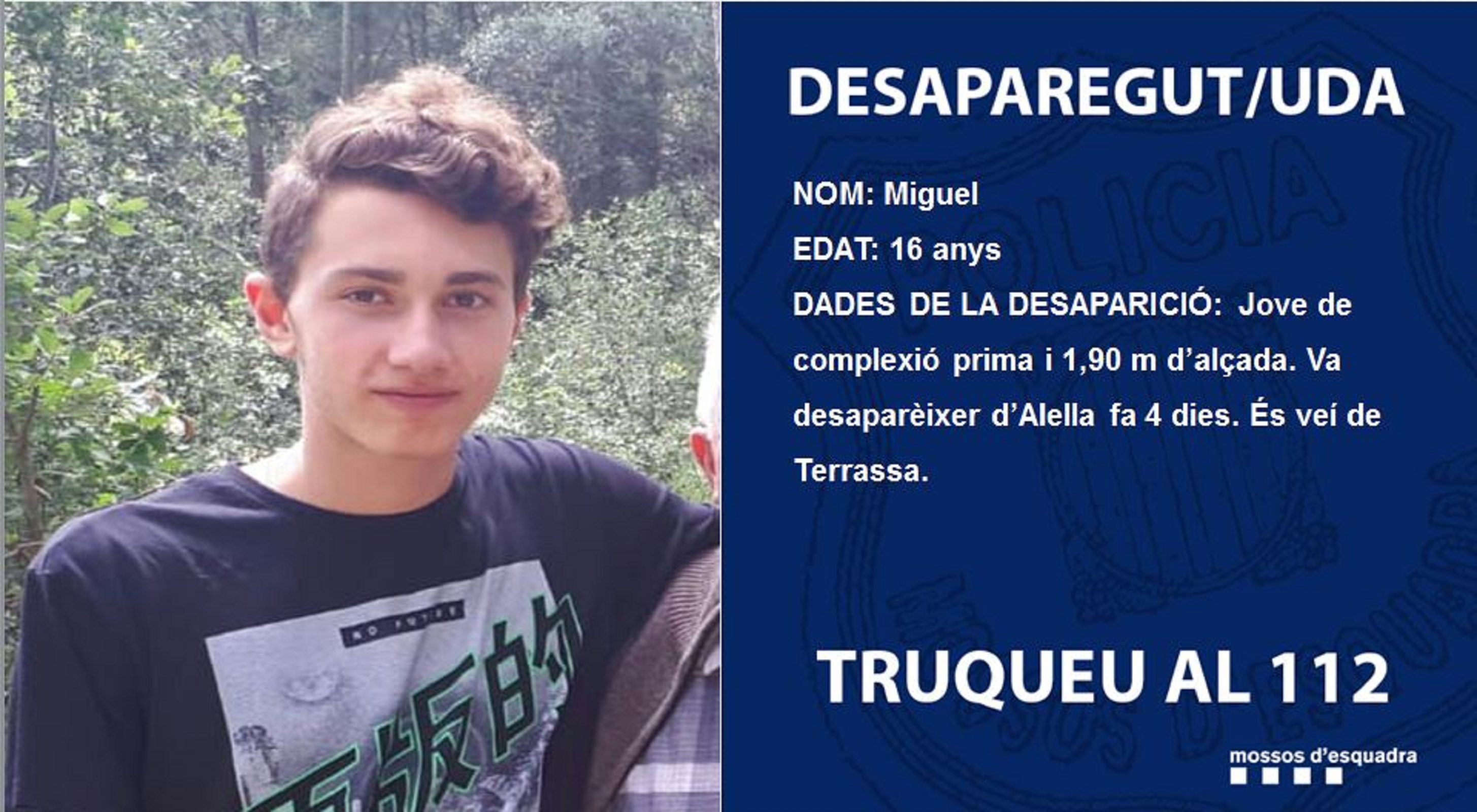 Los Mossos piden ayuda para encontrar a un menor desaparecido a Argentona