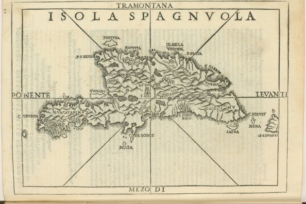 Bartomeu Colom funda la primera capital americana. Mapa de l'illa Hispaniola (1556). Font Biblioteca de la Brown University. Rhode Island. USA
