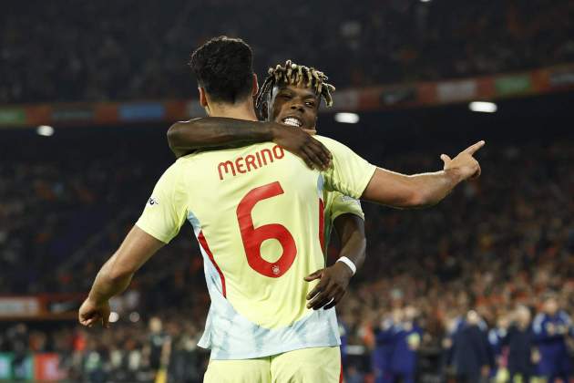Nico Williams i Merino celebren un gol d'Espanya / Foto: EFE Nico Williams i Merino celebren un gol d'Espanya / Foto: EFE