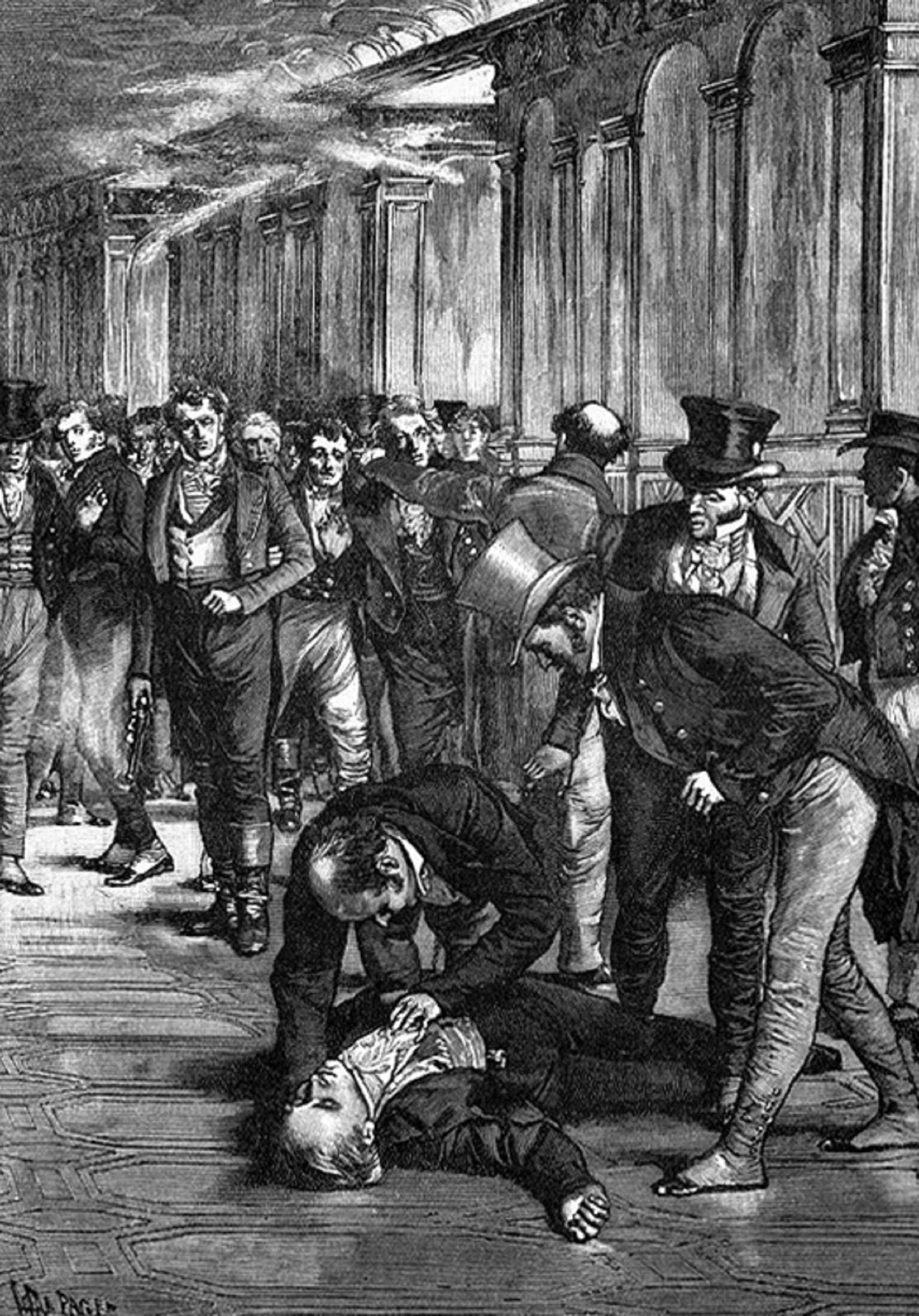 Representación del asesinato de Spencer Perceval. Font Cassell's Illustrated History of England Representación del asesinato de Spencer Perceval. Font Cassell's Illustrated History of England
