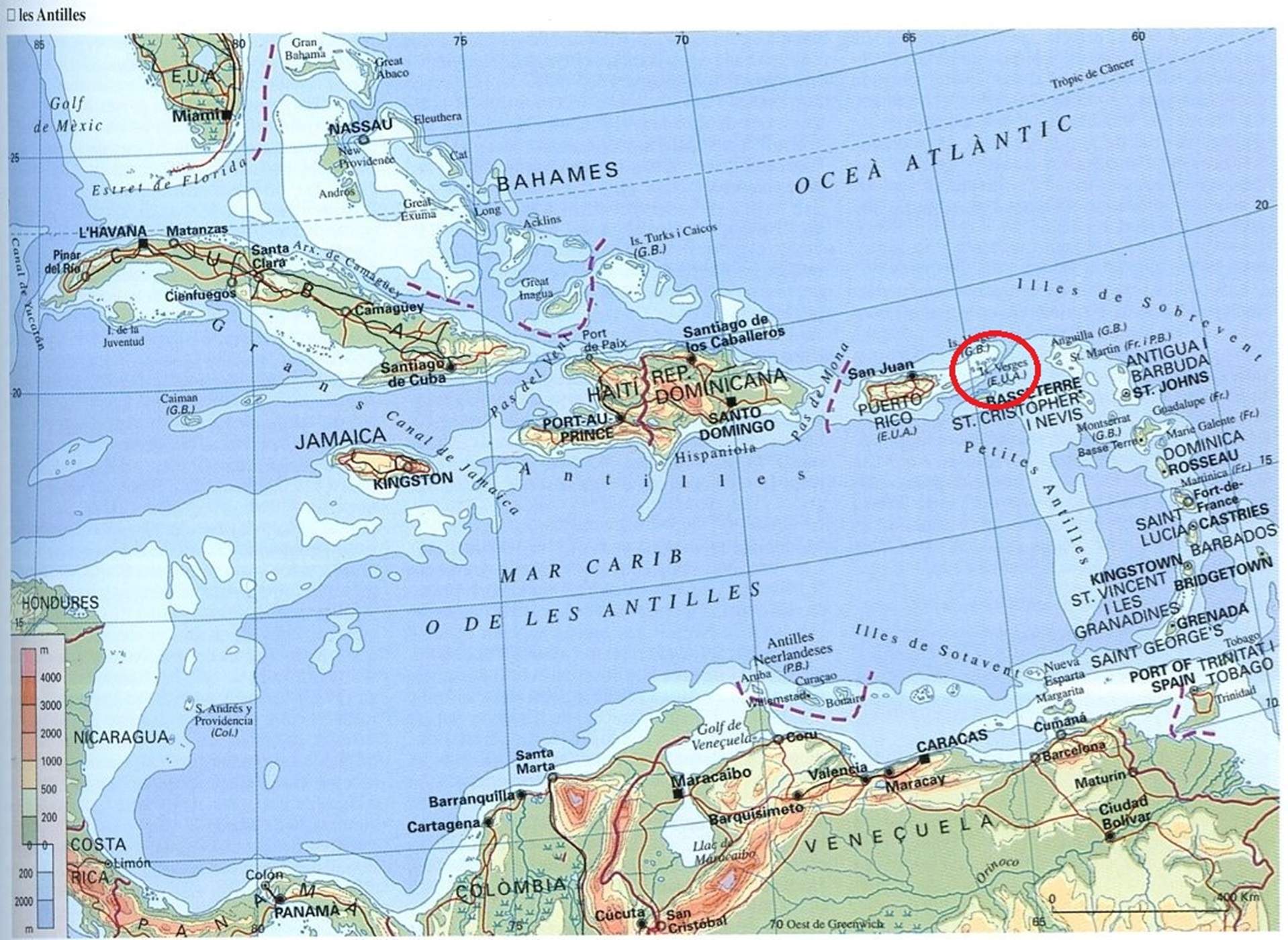 Mapa del mar Càrib. Rodeado en rojo, las Islas Vírgenes norte americanas. Fuente Enciclopedia Catalana Mapa del mar Càrib. Rodeado en rojo, las Islas Vírgenes norte americanas. Fuente Enciclopedia Catalana
