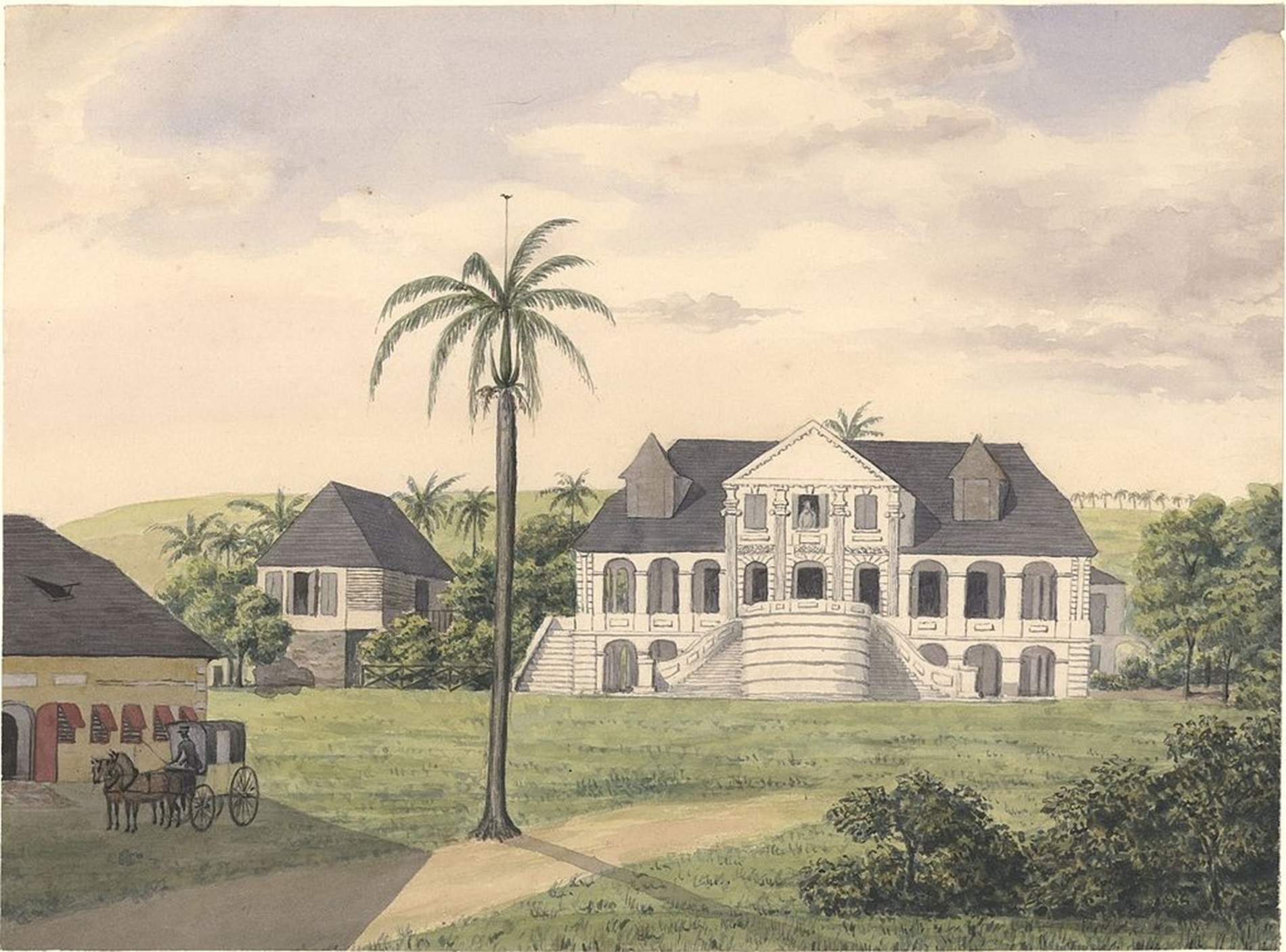 Plantación colonial de Hohensberg, isla de Sankt Jan, en el epoca colonial (1838). Fuente Museo Maritim de Dinamarca Plantación colonial de Hohensberg, isla de Sankt Jan, en el epoca colonial (1838). Fuente Museo Maritim de Dinamarca