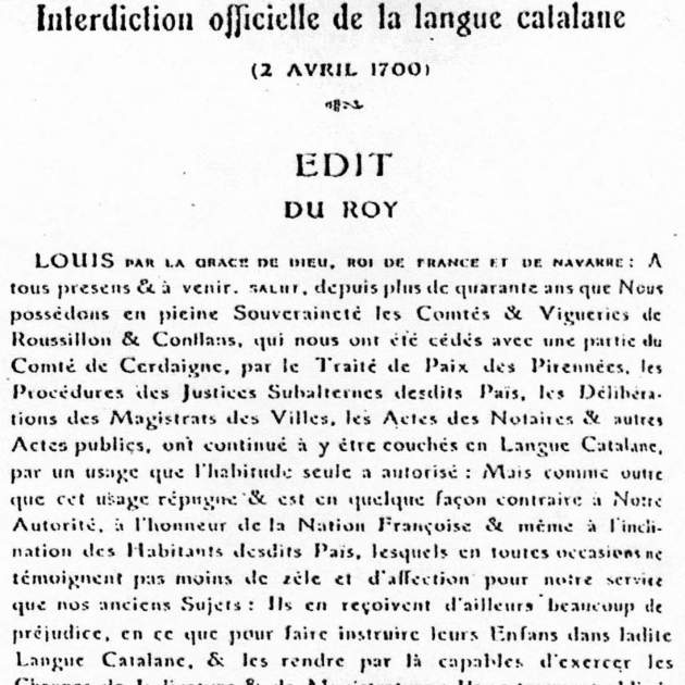 Decreto de interdicción de la lengua catalana (1700) / Fuente: Universidad de Montpelller Decreto de interdicción de la lengua catalana (1700) / Fuente: Universidad de Montpelller
