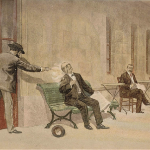 Assassinen Cànovas del Castillo en represàlia per les execucions d'anarquistes catalans. Representació de l'assassinat (1902). Font Viquipèdia