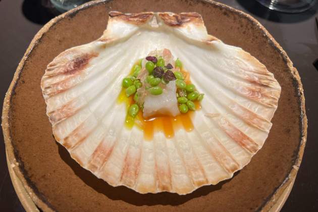 Sashimi de calamar con ponzu de garum de calamar, guisante lágrima crudo y pomelo chino / Foto: Rosa Molinero Trias Sashimi de calamar con ponzu de garum de calamar, guisante lágrima crudo y pomelo chino / Foto: Rosa Molinero Trias