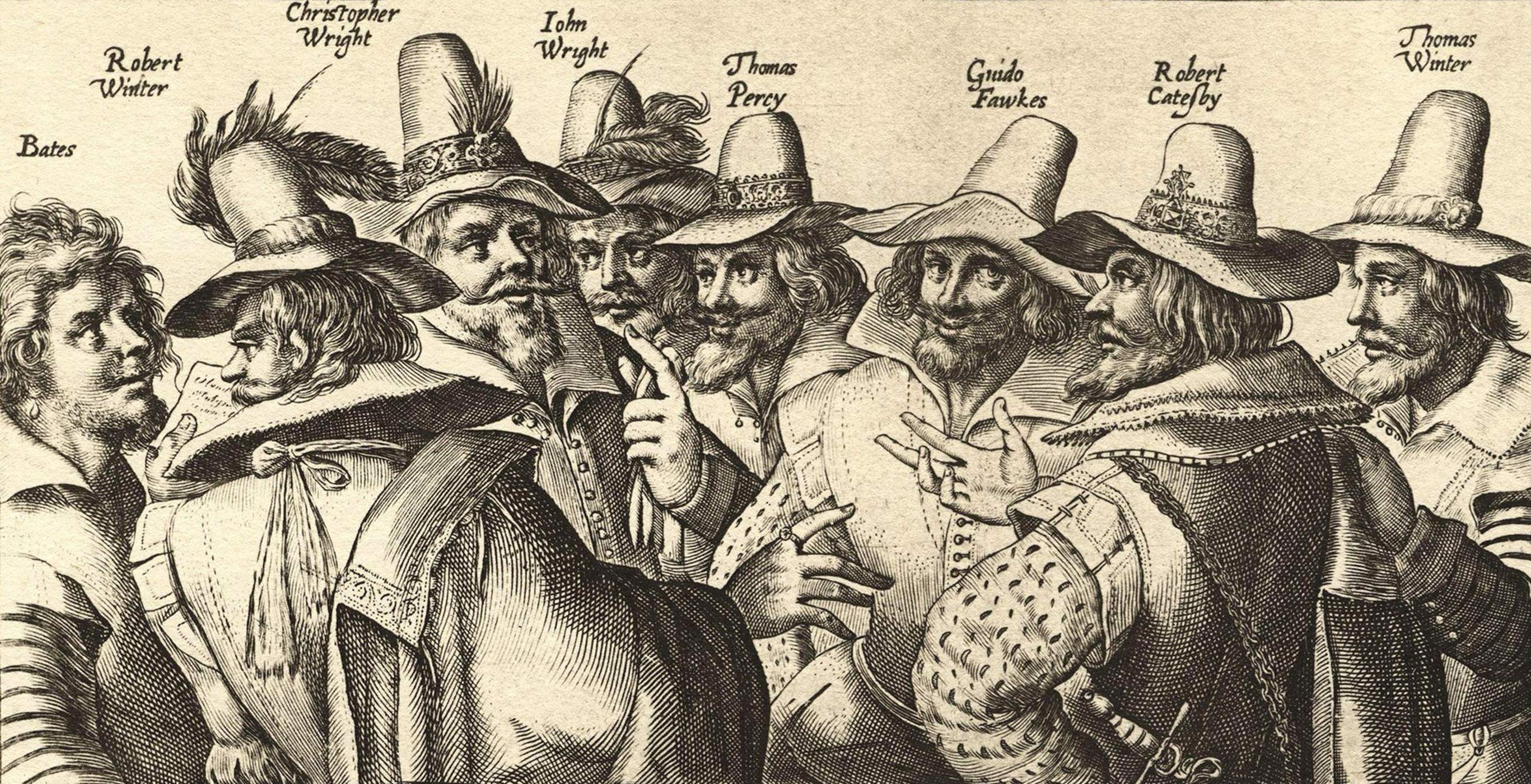 Representación coetánea de los integrantes de la Conspiración de la Pólvora con sus nombres. Fuente National Portrait Gallery Representación coetánea de los integrantes de la Conspiración de la Pólvora con sus nombres. Fuente National Portrait Gallery