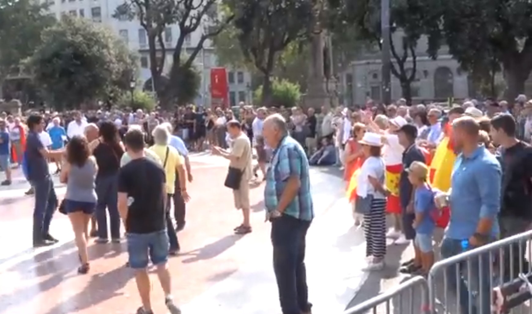 Tensió a la plaça Catalunya per l'exhibició de banderes espanyoles