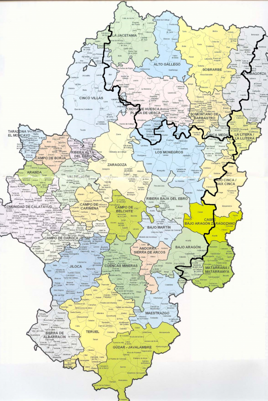 Mapa actual de los dominios linguistics catalán y aragonés. Font Rolde de Estudios Aragoneses