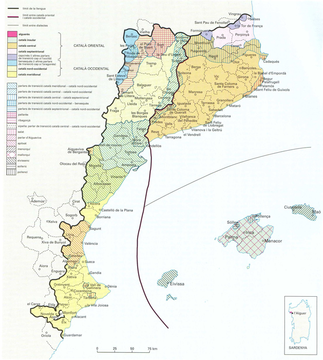 Mapa del domini lingüistic del catalą. Font Enciclopčdia