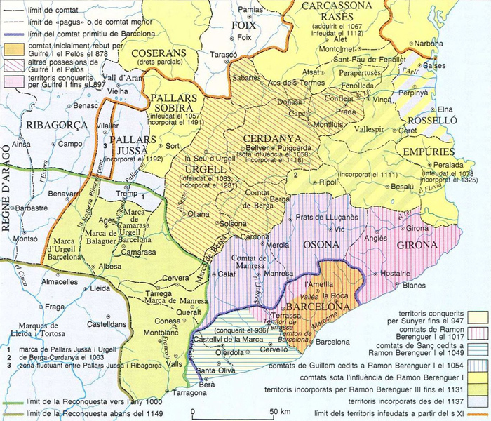 Mapa de l'expansió política dels comtats catalans (segles IX a XII). Font Enciclopedia