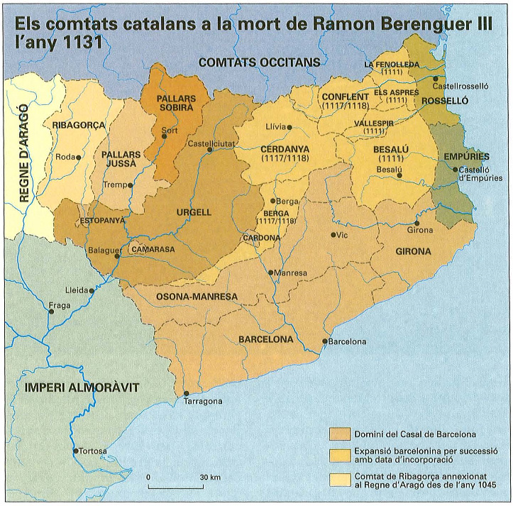 Mapa dels comtats catalans a principis del segle XII. Font Enciclopčdia