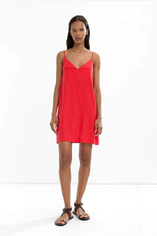 Vestido corto con tirantes mezcla de lino Vestido corto con tirantes mezcla de lino