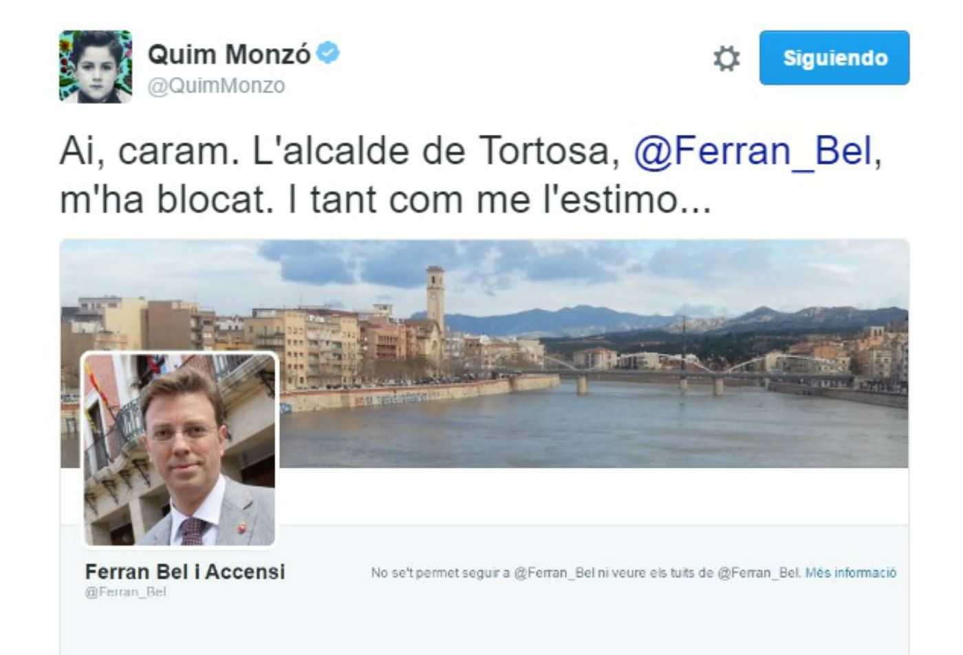 El alcalde de Tortosa bloquea a Quim Monzó en Twitter