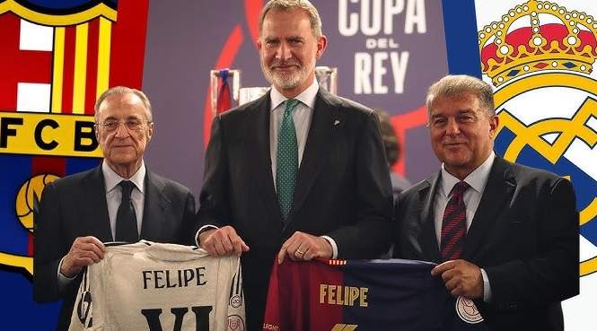 Felip, amb Florentino Pérez i Jan Laporta a la darrera final de la Copa del Rei TVE Felip, amb Florentino Pérez i Jan Laporta a la darrera final de la Copa del Rei TVE