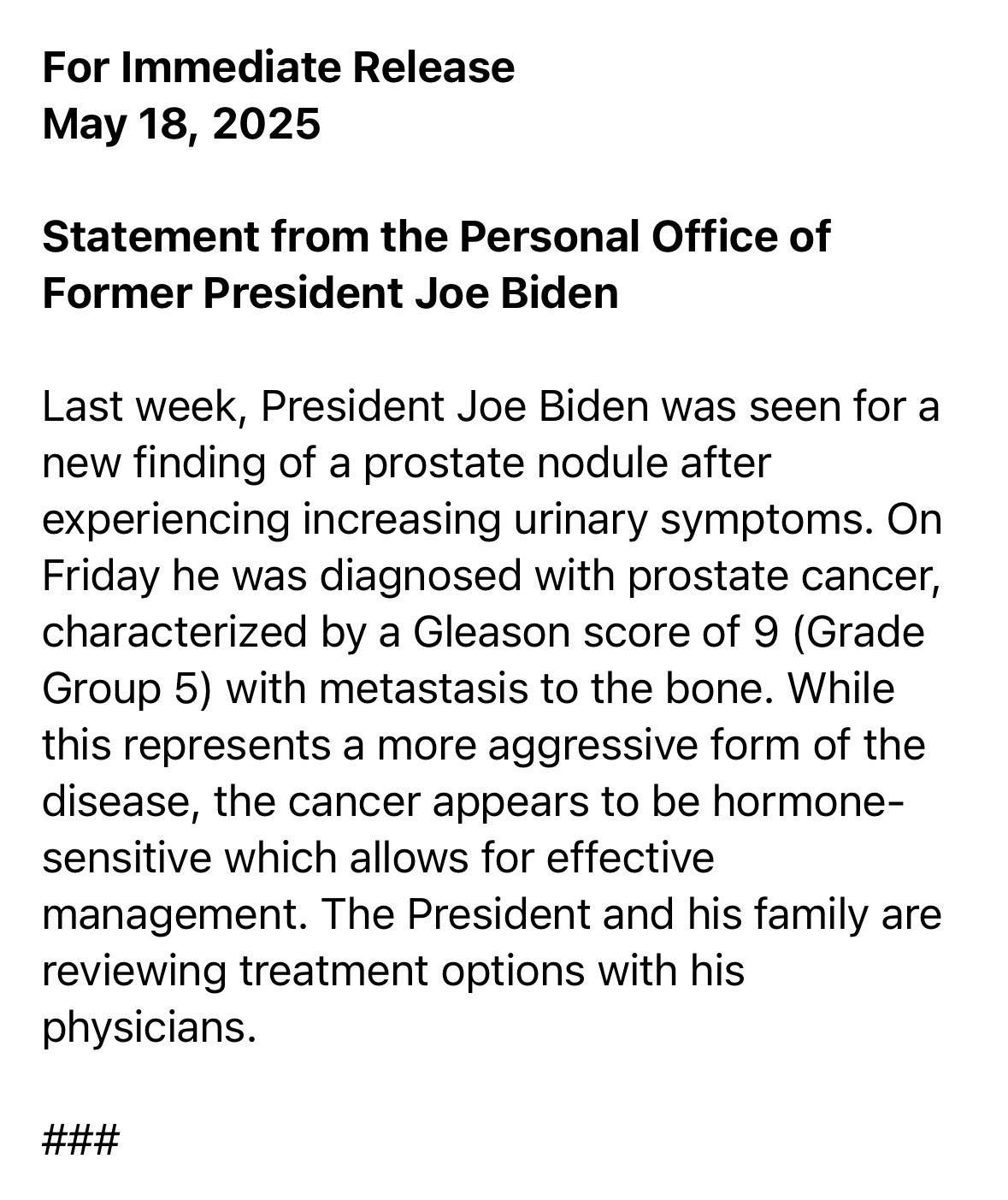 Comunicat sobre el càncer de Biden Comunicat sobre el càncer de Biden