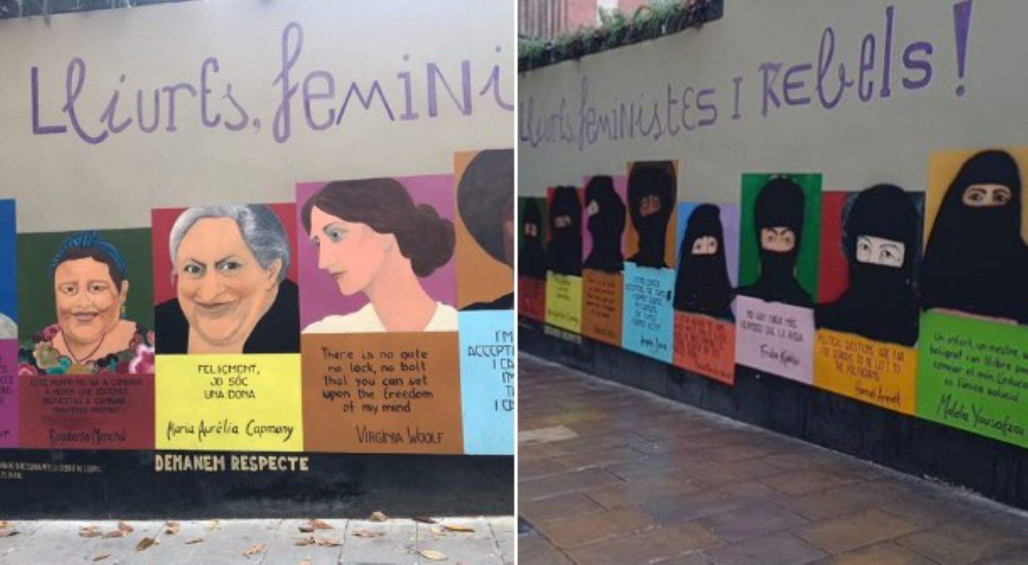 Vandalizan un mural feminista en el centro de Barcelona tapando con niqab el rostro de mujeres ilustres