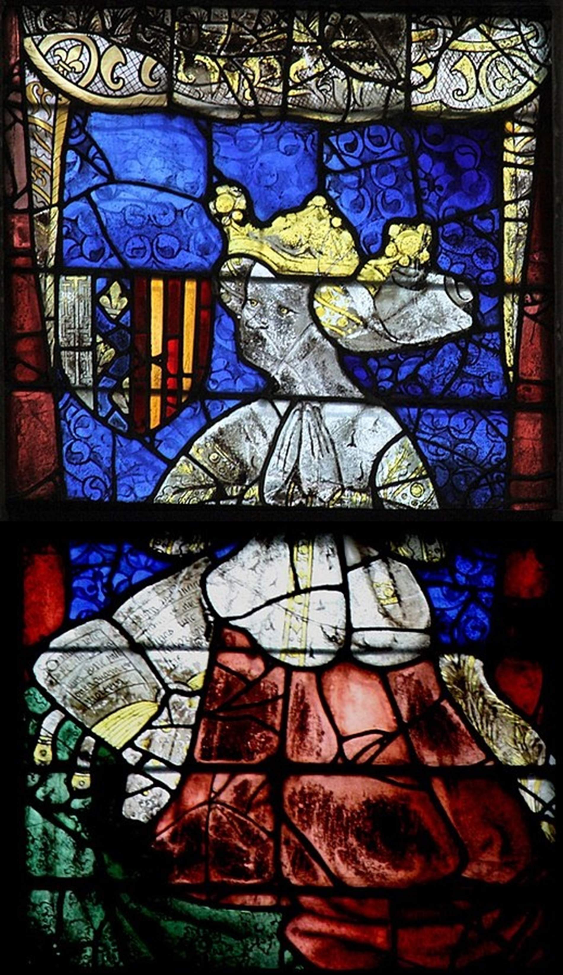 Vitrall que representa Violant, la filla de Joan I. Font Catedral de Sant Julià. Le Mans