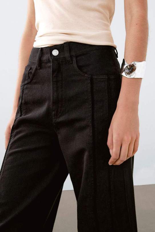 Jeans wide leg tiro alto detalle cortes