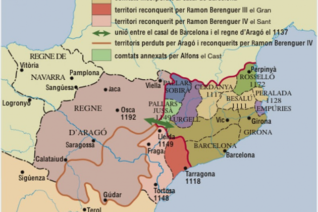 Ramir II d'Aragó confirma la donació del seu regne a Ramon Berenguer IV comte de Barcelona.  El regne d'Aragó i els comtats catalans. Font Enciclopèdia
