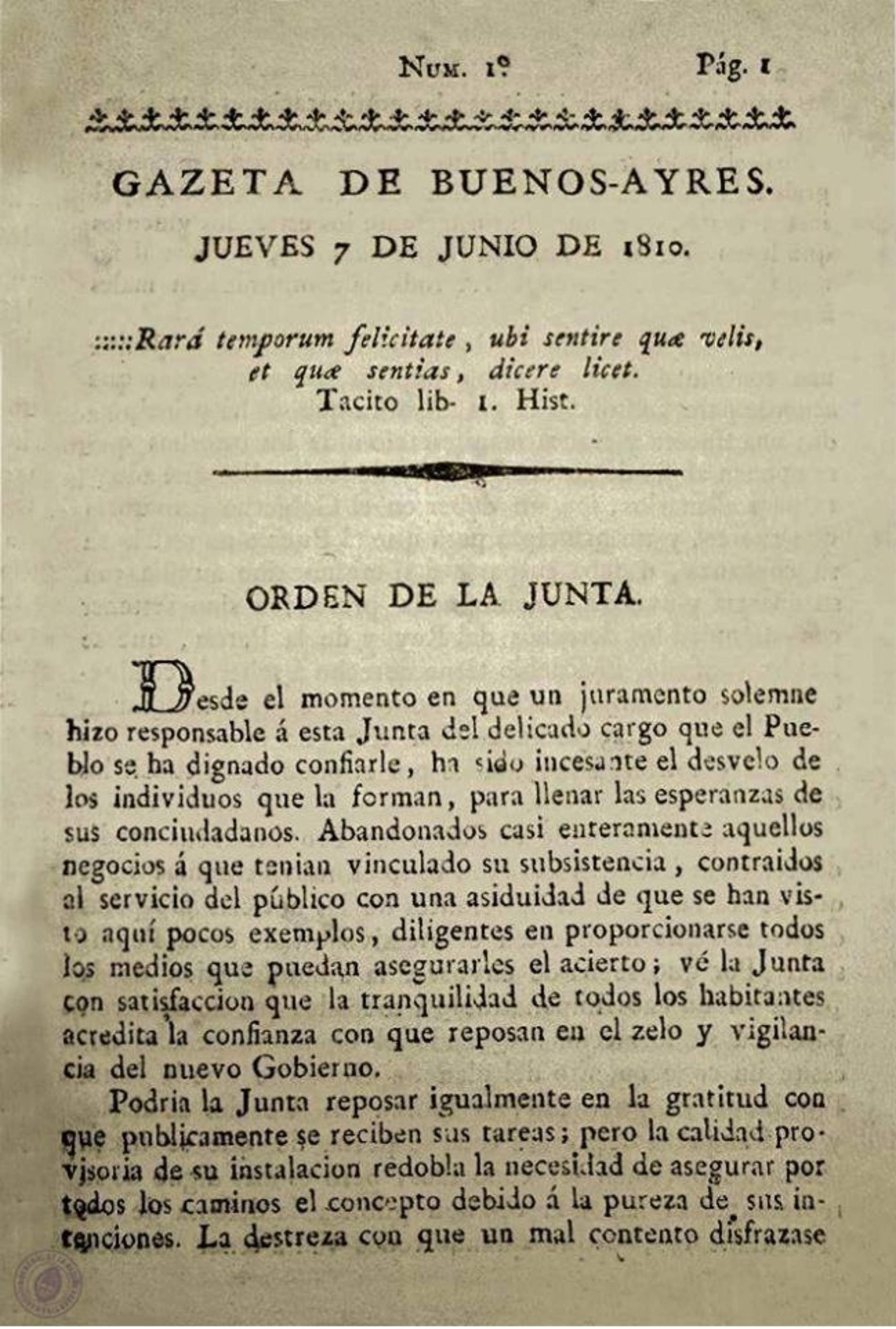 La impremta Vídua de Garrigós edita el primer Diari Oficial argentí