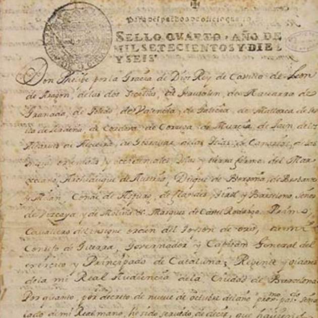 Primera plana del Reial Cèdula que ordenava la imposició de la Nova Planta a Catalunya. Font Ministeri de Cultura (1)