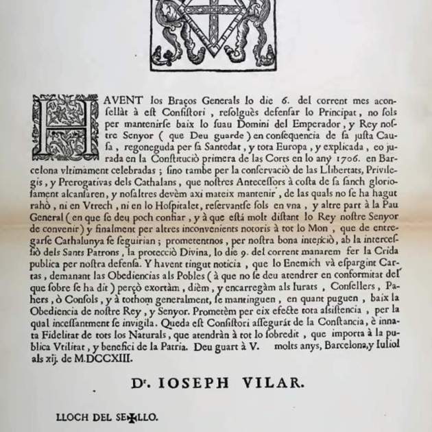 Declaració de resistència a ultrança. 06 07 1713 / Foto: Biblioteca de Catalunya