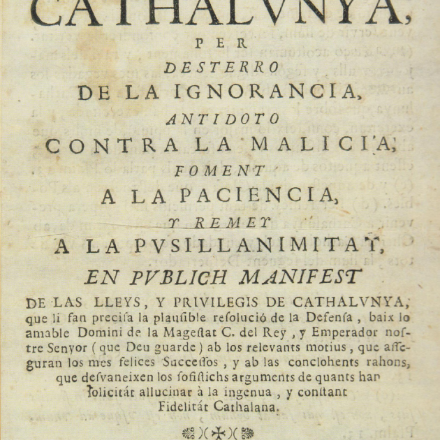 Portada del Despertador de Catalunya. Publicació de l'acord dels Tres Comuns el 6 de juliol de 1713. Font Enciclopedia