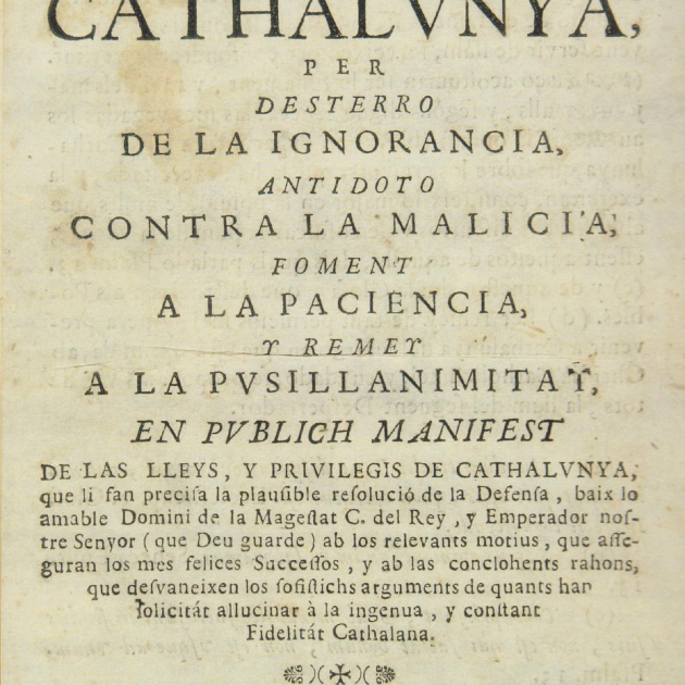 Portada del Despertador de Catalunya. Publicació de l'acord dels Tres Comuns el 6 de juliol de 1713. Font Enciclopedia Portada del Despertador de Catalunya. Publicació de l'acord dels Tres Comuns el 6 de juliol de 1713. Font Enciclopedia