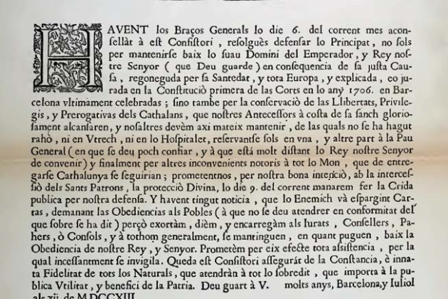 Acta de l'acord dels Tres Comuns publicat el 9 de juny de 1713. Font Biblioteca Nacional de Catalunya
