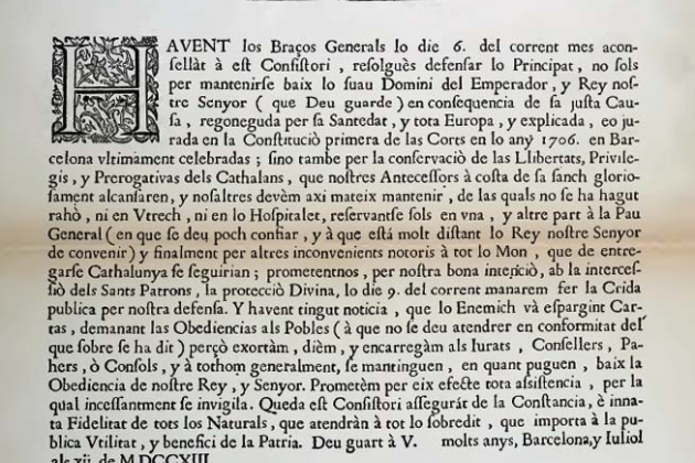 Acta del acuerdo de los Tres Comunes publicado el 9 de junio de 1713. Fuente Biblioteca Nacional de Catalunya