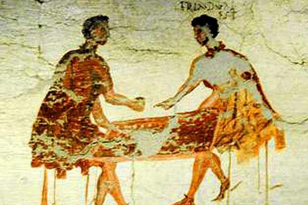 Representació de la Caupona de Salvius. Dos clients juguen a daus. Font Museu de Pompeia Representació de la Caupona de Salvius. Dos clients juguen a daus. Font Museu de Pompeia