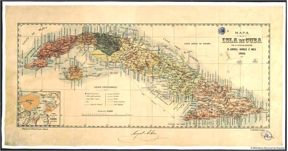 Nomenen els representants per a negociar la fi de la Guerra de Cuba. Un dels darrers mapes de la Cuba colonial (1895). Font Biblioteca Nacional de España. Madrid (1)