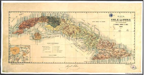 Nombran a los representantes para negociar el fin de la Guerra de Cuba. Uno de los últimos mapas de la Cuba colonial (1895). Fuente Biblioteca Nacional de España. Madrid (1)