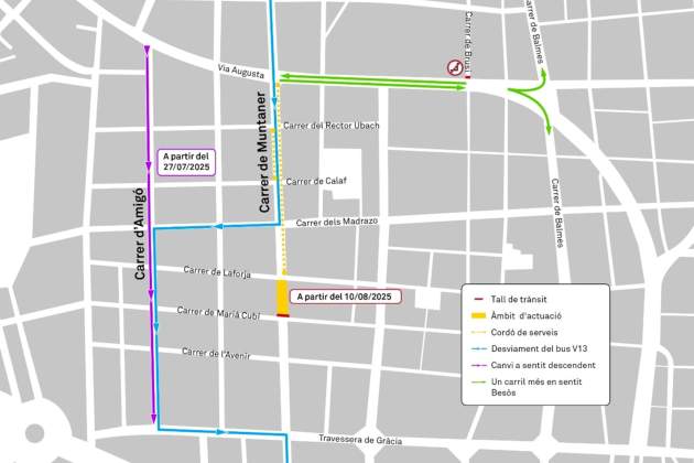 Mapa del tall del carrer Muntaner i les afectacions a Via Augusta i Amigó