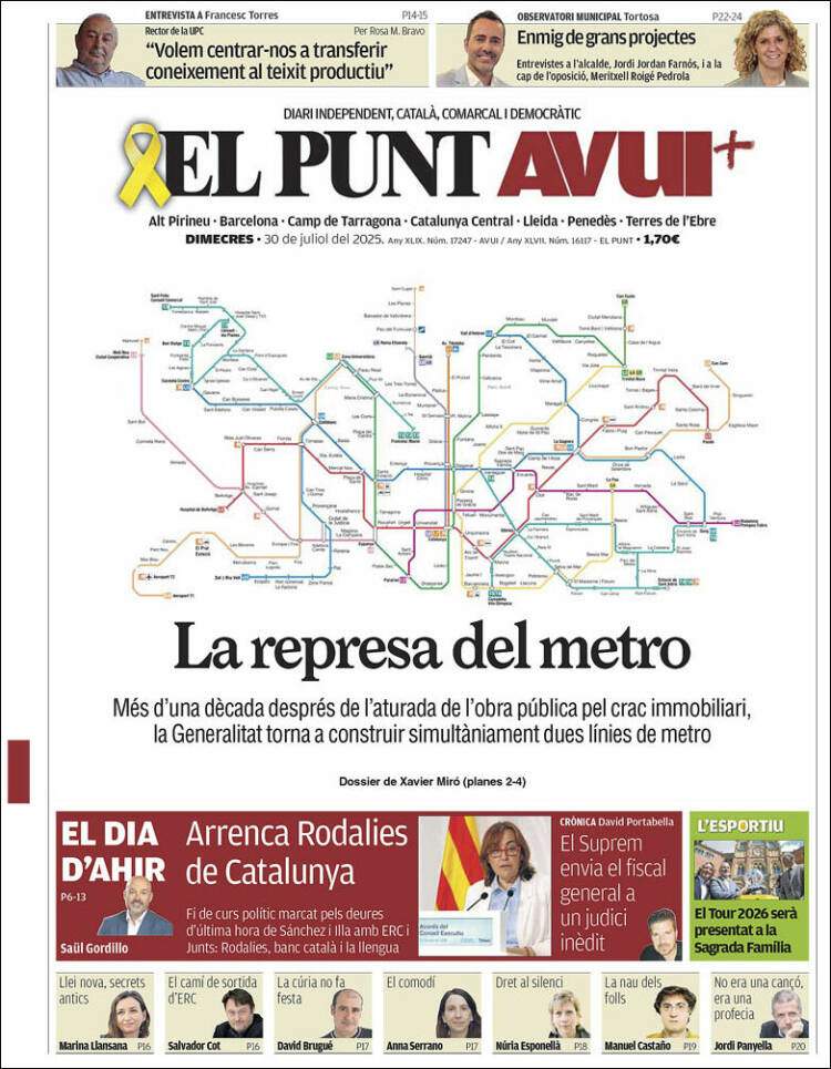 Portada 'El Punt Avui' Portada 'El Punt Avui'
