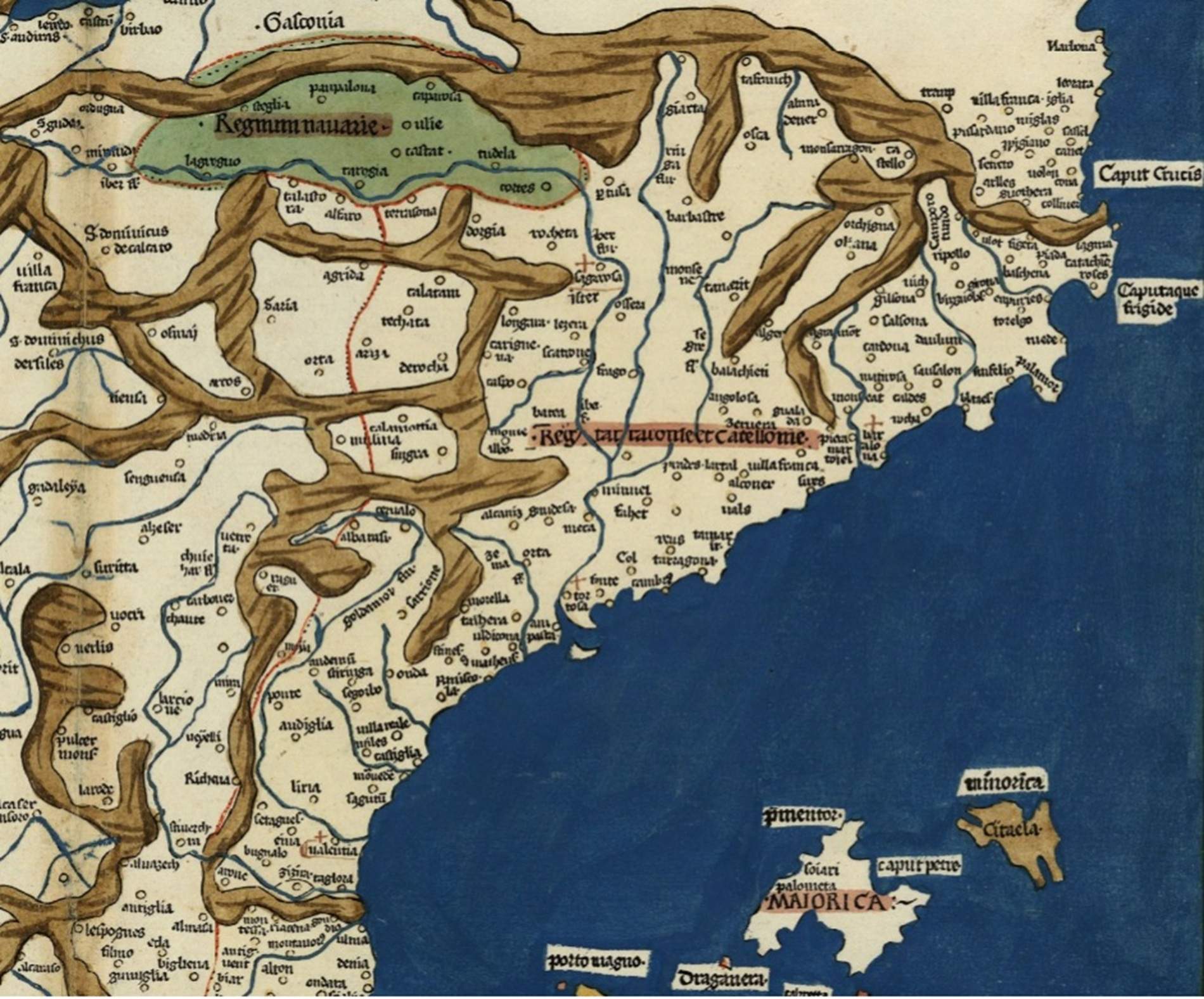 Fragment d'un mapa de la península ibèrica. Catalunya, País Valencià i Illes Balears (segle XV). Font Cartoteca de Catalunya