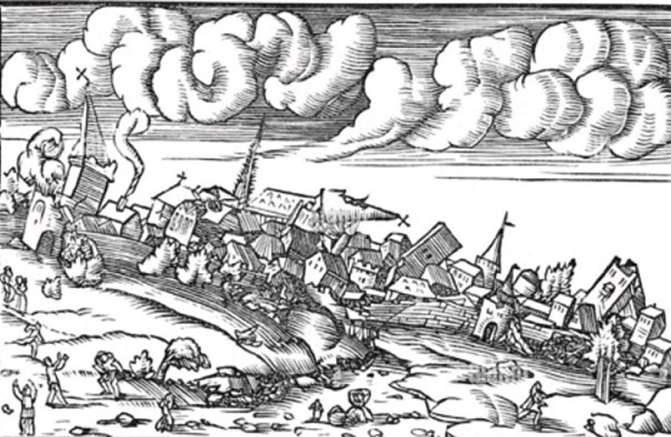 Representació d'un terratremol en una ciutat medieval. Font Wikimedia Commons