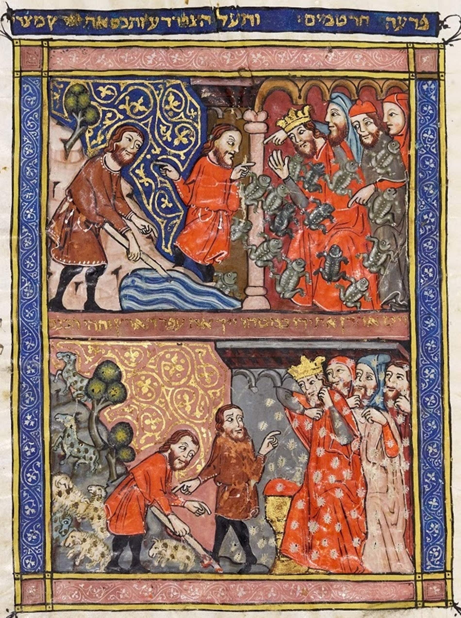 Escenes de la història i la tradició jueves. La plaga de les ranes i la dels polls. Font Haggadah de Barcelona