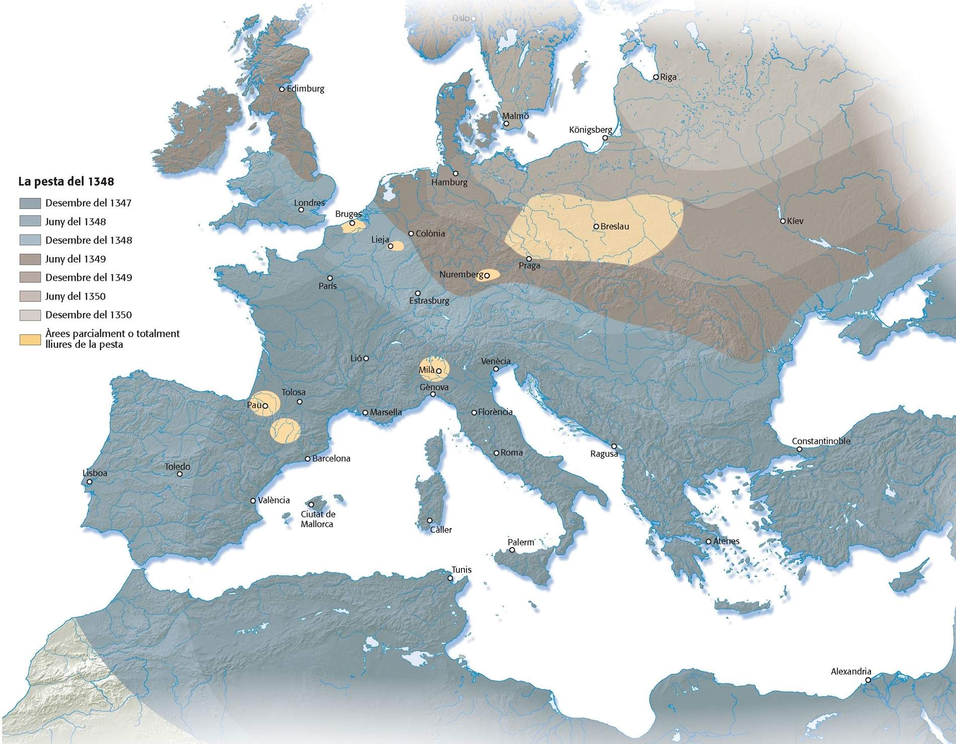 Mapa de l'expansió de la Pesta Negra. Font Enciclopèdia Catalana