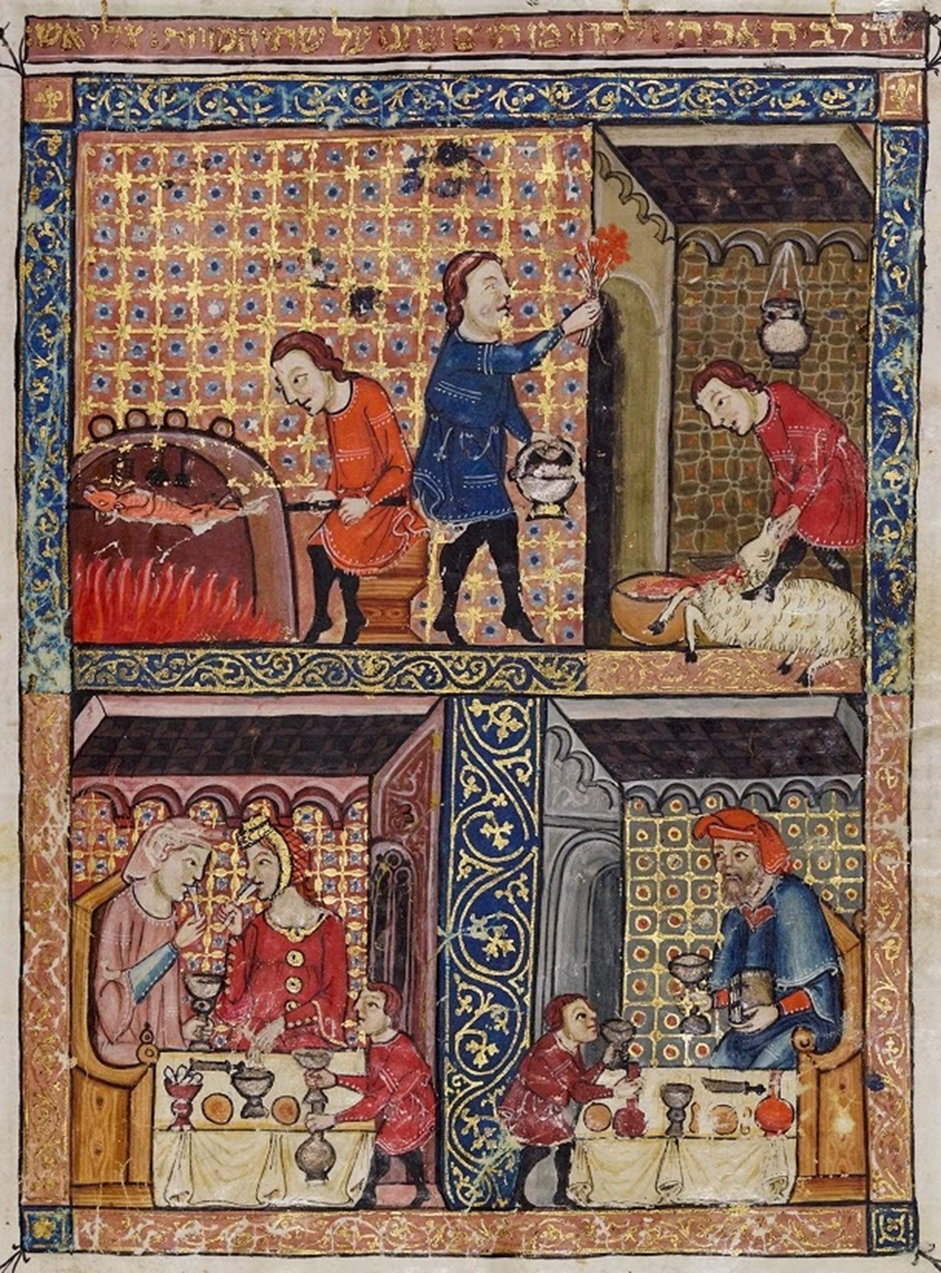 Escenes de la vida quotiana al call de Barcelona. Preparació del corder pasqual i marcació de la porta. Font Haggadah de Barcelona