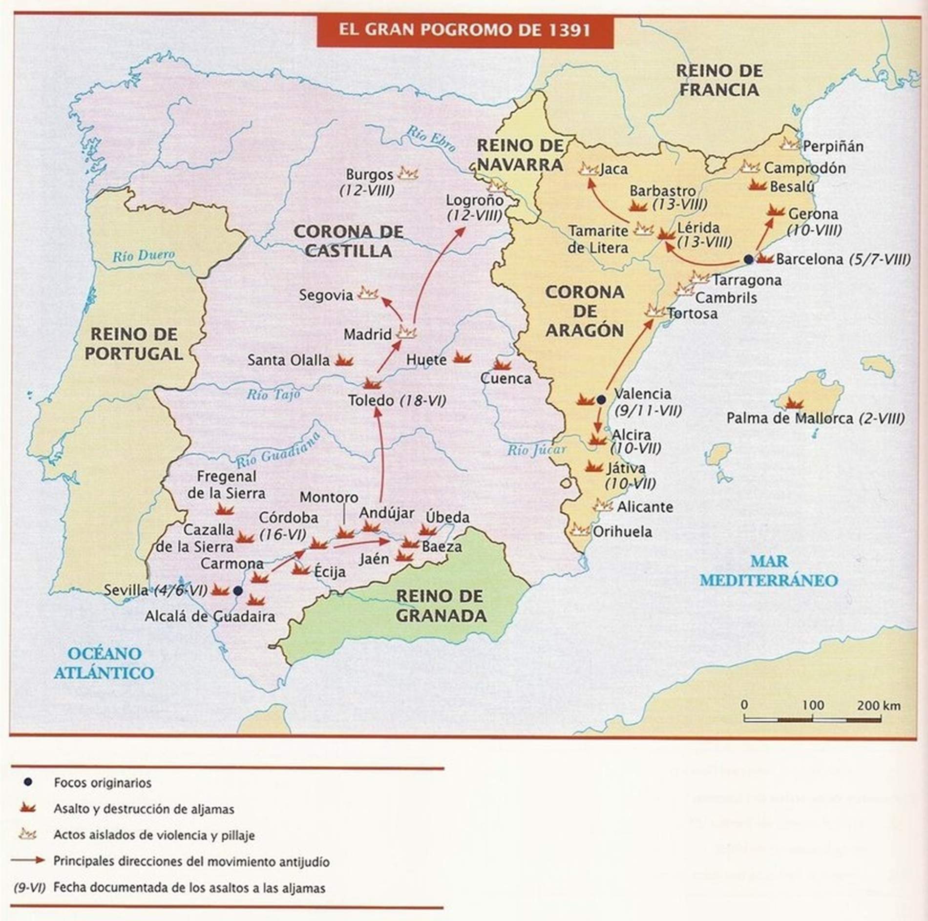Mapa dels pogroms de 1391. Font Universitat de Deusto