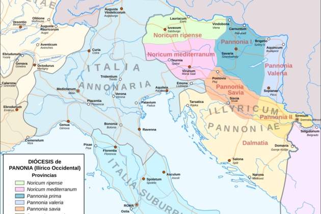 Mapa del territorio de la actual Eslovenia durante el Bajo Impere romano (siglos III V). Fuente Wikimedia Commons (1)