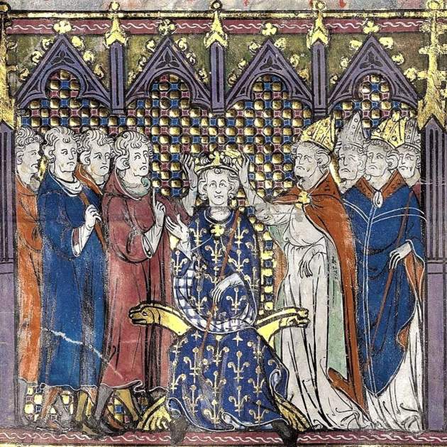 Representación coetánea de la coronación de Hug Capet (siglo X) / Fuente: Bibliothèque Nationale de France